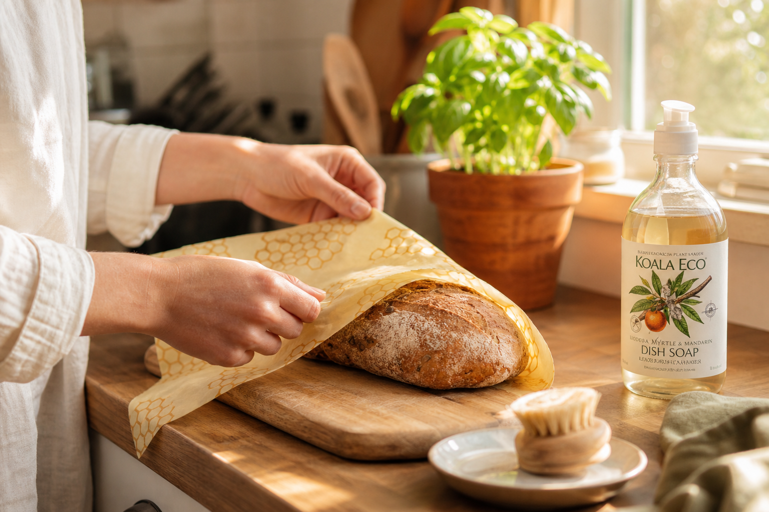 Kobieta zapakowuje chleb w beeswax wrap w kuchni