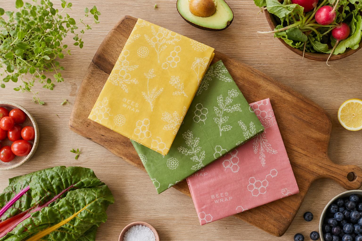 Zestawy beeswax wrapy na drewnianej desce kuchennej