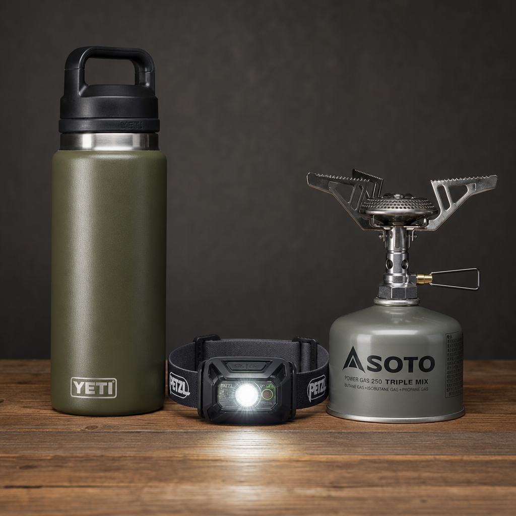 Trzy produkty outdoorowe obok siebie na drewnie